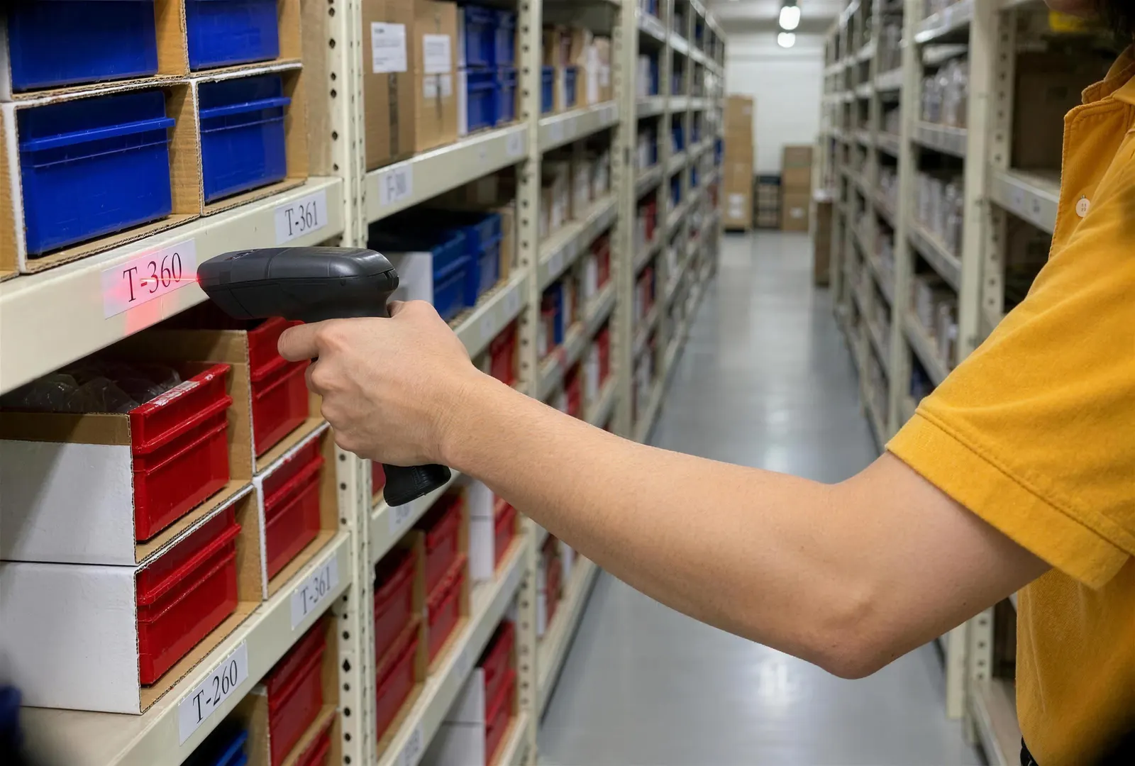 An ArrowMe picker scanning a bin label in the warehouse