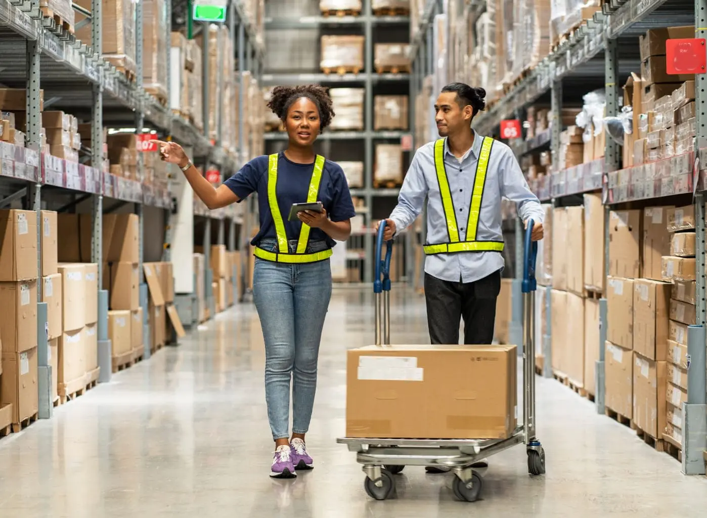 Warehouse workers in hi-vis vests scanning barcode and pushing cart with boxes in fulfillment warehouse