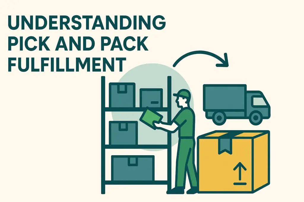 Worker picking and packing boxes in fulfillment warehouse