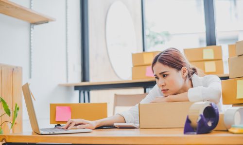 Online small business owners are sad and bored waiting for orders