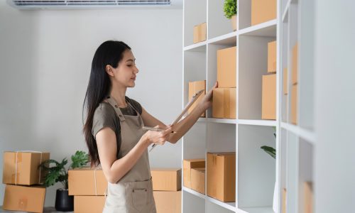 Young Woman Checking Product Stock in Modern Warehouse with Clipboard and Boxes on Shelves